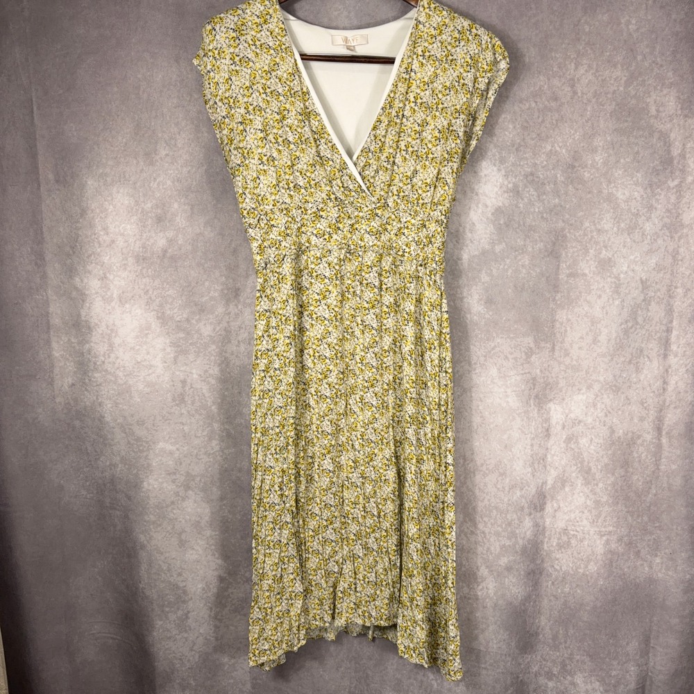 WAYF Floral Rayon Surplice Midi Dress Smocked Waist Size M Yellow White Black
